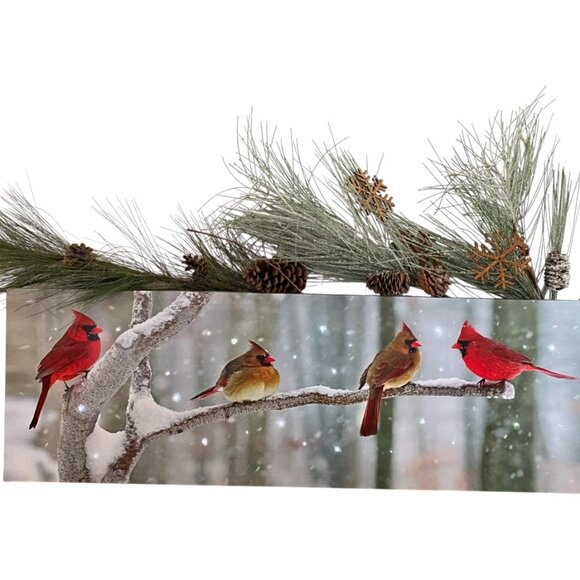 LED Lighted Cardinals Snowy Branch Canvas Wall Picture - Picture 3 of 13